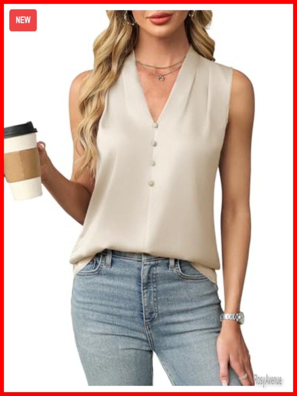 Satin V-Neck Button Front Tank Top Sleeveless Business Casual Blouse